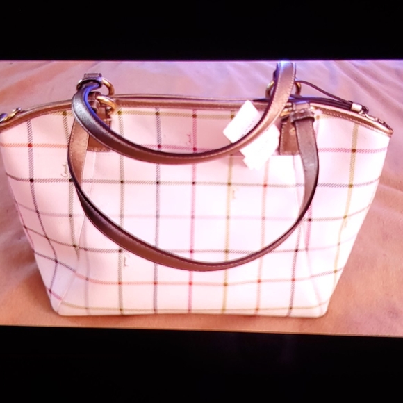 Coach Plaid Peyton Tattersall White Leather Tote - Picture 2 of 6